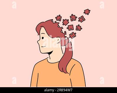 Femme avec tête de puzzle comme métaphore pour le chaos dans la tête et le manque de planification pour résoudre des tâches. Fille avec des problèmes psychologiques sourit dans le besoin de se débarrasser du chaos dans les pensées pour atteindre l'équilibre mental. Illustration de Vecteur