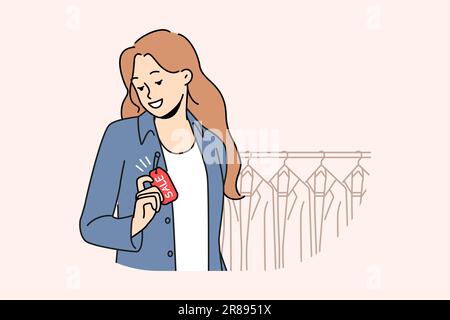 Femme souriante portant une veste avec étiquette de solde dans la boutique. Bonne fille achetant des vêtements sur la réduction ou la promotion dans le magasin. Shopping et style. Illustration vectorielle. Illustration de Vecteur