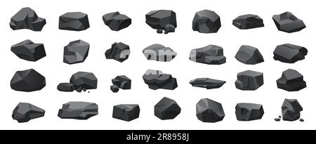 Illustration du vecteur de jeu de charbon noir. Morceaux isolés de charbons, de roches de basalte et d'anthracite, pile de charbon et morceaux de minerai de fer de mine, de gravier ou de graphite et une collection de pierre unique Illustration de Vecteur