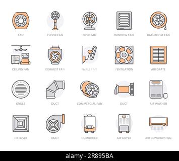 Icônes de ligne d'équipement de ventilation. Climatisation, chauffage, ventilation et climatisation, appareils de refroidissement, système de climatisation, aération. Ventilateur domestique et industriel fin Illustration de Vecteur