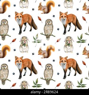 Forêt animaux boisés aquarelle motif sans couture avec renard rouge mignon, lapin, hibou et écureuil Banque D'Images