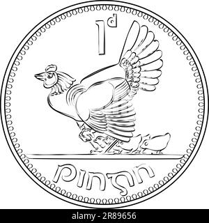 Irish Money pièce d'or pré-décimale Penny avec Hen et Chicks au verso. Image en noir et blanc Illustration de Vecteur