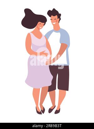 Femme enceinte heureuse avec partenaire. Un homme hante le ventre d'une femme enceinte. Flat drôle dessin animé vecteur illustration de la parentalité, grossesse, partenaires Illustration de Vecteur