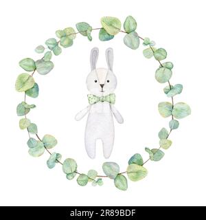 Cadre de douche de bébé avec de jolis jouets de poupée de lapin de bébé en couronne d'eucalyptus. Lapin en peluche avec noeud vert. Dessin à la main aquarelle illustration éco jouets pour enfants Banque D'Images