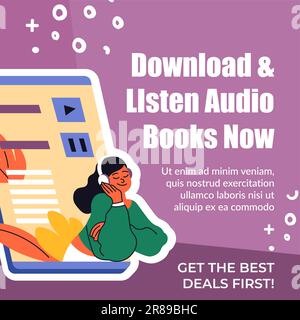 Écoutez les livres audio téléchargés maintenant dans l'application. Obtenez d'abord les meilleures offres. Femme avec un casque pour écouter des podcasts ou des histoires. Divertissement et apprentissage Illustration de Vecteur