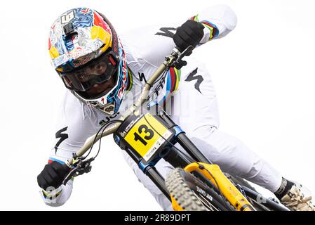 Le Biker de France Loic Bruni participe à la course de la coupe du monde de VTT UCI à Leogang, Autriche, 17 juin 2023. (CTK photo/Cerveny Michal) Banque D'Images