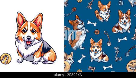 ensemble de chiens corgi mignons et motif sans couture, composition de motifs dessinés à la main et accessoires pour chiens domestiques. mignon chien corgi Illustration de Vecteur