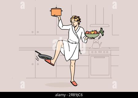 Femme en peignoir multitâche à la maison avec des activités de ménage. Femme de ménage occupée avec des corvées dans la cuisine. Illustration vectorielle. Illustration de Vecteur