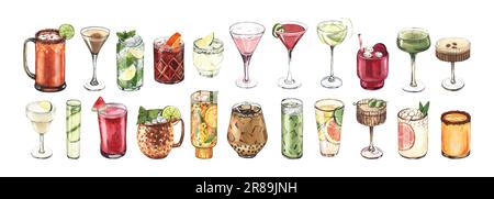 Ensemble de verres à cocktail aquarelle : martini, gin, vin, margarita, gobelet, liqueur, rhum. Illustration dessinée à la main isolée sur fond blanc. Parfait pour Banque D'Images