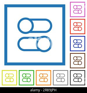 Les interrupteurs à bascule horizontaux définissent les icônes de couleur plate dans des cadres carrés sur fond blanc Illustration de Vecteur