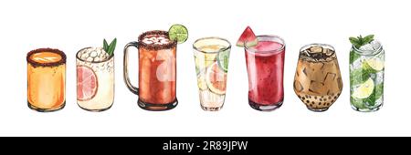 Ensemble de verres à cocktail aquarelle : martini, gin, vin, margarita, gobelet, liqueur, rhum. Illustration dessinée à la main isolée sur fond blanc. Parfait pour Banque D'Images