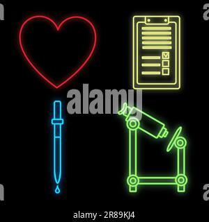 Jeu de panneaux de néon médical multicolores lumineux pour une pharmacie ou un hôpital magasin belle pipette de microscope cardiaque en papier scientifique brillant sur un Illustration de Vecteur