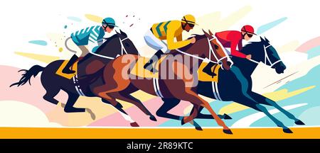 Tournoi de course de chevaux plate style coloré illustration de vecteur avec 3 jockeys sprrinting avec des chevaux. Illustration de Vecteur