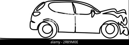 Extrémité avant de la voiture endommagée Mise en plan continue d'une ligne. Illustration vectorielle Illustration de Vecteur