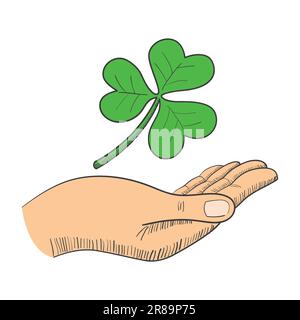 Illustration d'une main avec shamrock à trois feuilles Illustration de Vecteur