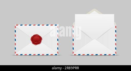 Enveloppes vectorielles avec sceau de cire rouge et lettre vierge. Ensemble d'enveloppes isolées pliées et dépliées dans la vue de dessus. Modèle de conception. Message, notification Illustration de Vecteur