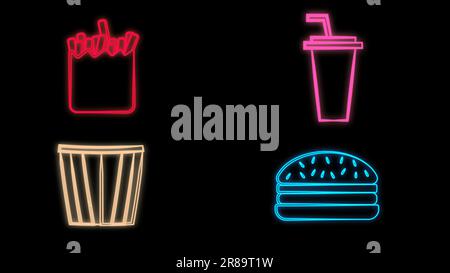 Ensemble d'icônes de cuisine de rue au néon. Collection de panneaux Vector fastfood. Des panneaux simples pour le café, la livraison, la stalle, le stand, le vendeur. Pictogramme de préchauffage à emporter Illustration de Vecteur