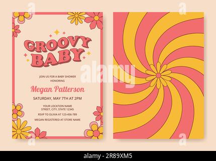 Modèle d'invitation de douche de bébé groovy dans le style rétro 1970s. Carte d'invitation mignonne avec fleurs. Illustration vectorielle Illustration de Vecteur