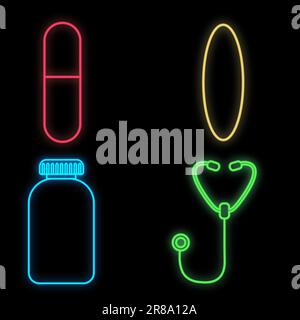 Ensemble de panneaux lumineux lumineux multi-couleurs pour un magasin de pharmacie ou d'hôpital, de belles pilules scientifiques brillantes et un stéthoscope sur un bac Illustration de Vecteur