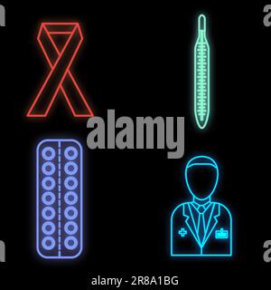 Ensemble de panneaux de néon médical multicolores lumineux pour une pharmacie ou un hôpital magasin belle pilules scientifiques brillantes thermomètre médecin sur un noir Illustration de Vecteur