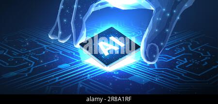 Technologie ai. Puce avec latters ai et carte de circuit imprimé. Intelligence artificielle, puce informatique, informatique quantique future, algorithmes d'apprentissage en profondeur, TEC Illustration de Vecteur