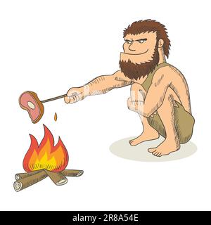 Illustration de dessin animé d'un caveman qui fait cuire de la viande au feu Illustration de Vecteur