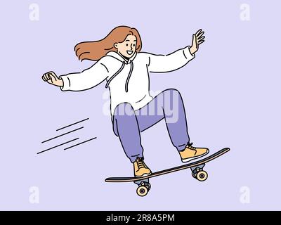 Une jeune femme courageuse fait des cascades aériennes en rebondissant sur une rampe dans un parc à roulettes. Jeune femme souriante à la planche à roulettes et à la pratique de sports extrêmes qui souhaitent devenir skateboarder professionnel Illustration de Vecteur