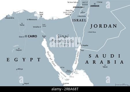 Péninsule du Sinaï, carte politique grise. Péninsule en Égypte, située entre la Méditerranée et la mer Rouge, pont terrestre entre les continents de l'Asie et de l'Afrique. Banque D'Images