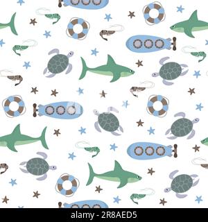 Motif vectoriel sans couture avec requin, sous-marin, tortue, crevettes, étoiles de mer, bouée de sauvetage.créatures de dessin animé sous-marin.arrière-plan marin.joli motif océan pour Illustration de Vecteur