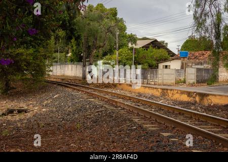 Catalao, Goias, Brésil – 16 juin 2023 : un tronçon de voies de locomotives passant entre les arbres dans la ville de Catalao à Goias. Banque D'Images