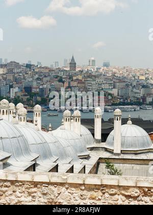 Vue depuis le parc de la mosquée Suleymaniye sur la Corne d'Or vers la Tour Galata, Istanbul, Turquie Banque D'Images