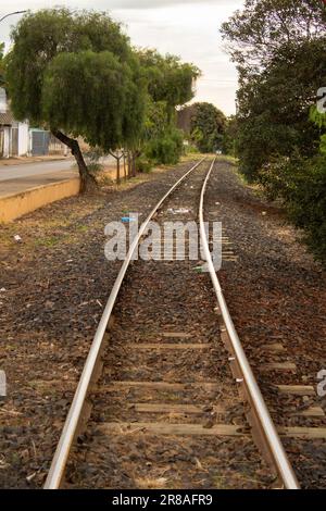 Catalao, Goias, Brésil – 16 juin 2023 : un tronçon de voies de locomotives passant entre les arbres dans la ville de Catalao à Goias. Banque D'Images