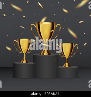 Coupe trophée. Prix d'or sur podium noir avec confetti isolé. Illustration vectorielle du prix des gagnants Illustration de Vecteur