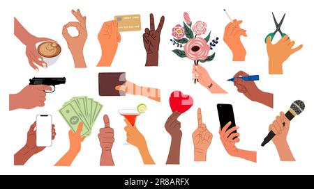 Jeu de différentes mains de couleur de peau tenant des choses. Illustration de Vecteur