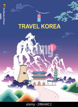 Magnifique voyage en Corée, palais traditionnel, Gwanghwamun, paysage naturel et historique, peinture à l'encre, vecteur de peinture traditionnel coréen. Illustration de Vecteur