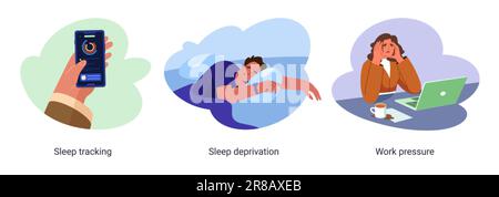 Ensemble vectoriel de suivi et de privation du sommeil, pression professionnelle. Main d'homme plate avec tracker numérique et femme d'affaires fatiguée avec l'épuisement, la surcharge et l'insomnie. Application de diagnostic en veille pour un contrôle sain Illustration de Vecteur