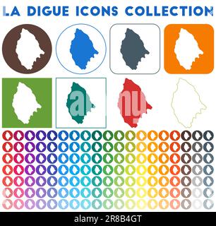 Collection d'icônes la Digue. Icônes de carte tendance colorées et lumineuses. Badge moderne la Digue avec plan de l'île. Illustration vectorielle. Illustration de Vecteur