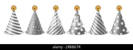 Ensemble d'icônes de chapeau d'anniversaire Vector 3D réaliste gris et blanc isolé sur fond blanc. Modèle de création de plafond de fête pour bannière de fête, carte de vœux Illustration de Vecteur