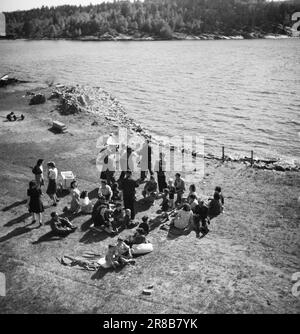 Effectif 11-2-1947: Le Jödeleieren à Ystehede Norvège nouveaux citoyens le samedi 9 mai, le navire de transport de troupes norvégien 'Svalbard' approcha le port de Halden. A bord se trouvaient 399 Juifs, qui vont maintenant trouver une maison dans ce pays et construire une nouvelle vie après de nombreuses années de cauchemars dans les environs des fours à gaz et des escadrons d'exécution. Un peu de balançoire sur le sol herbacé en bas à côté de la plage dans la soirée. Photo : Th. Skotaam / Aktuell / NTB Banque D'Images