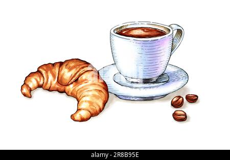 Tasse de café avec croissant et quelques grains de café frais. Illustration traditionnelle sur papier. Banque D'Images