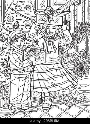 Noël enfants avec cadeaux adultes page de coloriage Illustration de Vecteur