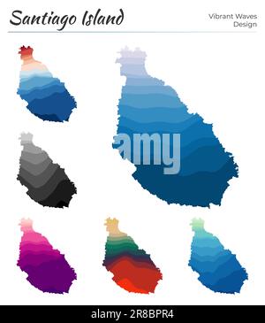 Ensemble de cartes vectorielles de l'île de Santiago. Motif vagues éclatantes. Carte lumineuse dans un style de courbes lisses géométriques. Illustration de Vecteur