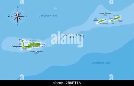 Carte physique très détaillée des îles Caïmanes en format vectoriel, avec toutes les formes de relief, les régions et les grandes villes. Illustration de Vecteur