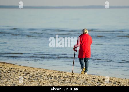 Une femme âgée dans une veste rouge avec un bâton de marche marche marche le long de la mer Baltique de sable Banque D'Images