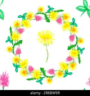 Couronne de pissenlits jaunes et fleurs de trèfle, dessinées à la main - motif floral sur fond blanc. Motif sans couture de fleurs aquarelles Banque D'Images