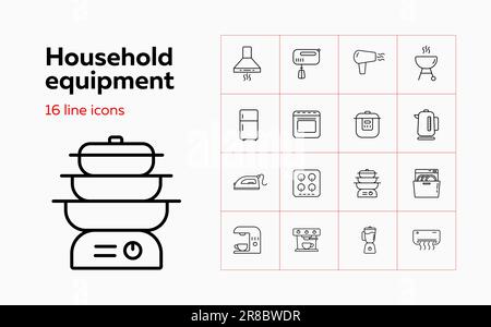 Ensemble d'icônes de gamme d'équipements ménagers. Ensemble d'icônes de ligne sur fond blanc. Concept de ménage. Fer à repasser, micro-ondes, four, mixeur. L'illustration vectorielle peut être Illustration de Vecteur