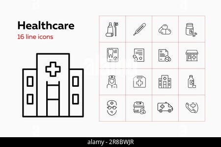 Ensemble d'icônes de ligne de soins. Thermomètre, pharmacie, pilules. Concept de médecine. Peut être utilisé pour des sujets tels que les médicaments, les soins personnels, le traitement Illustration de Vecteur