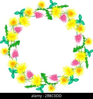 Couronne de pissenlits jaunes et fleurs de trèfle, dessinées à la main - motif floral sur fond blanc. Motif circulaire de fleurs aquarelles Banque D'Images