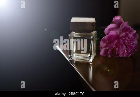 parfum féminin et fleurs roses Banque D'Images