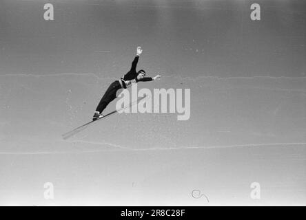Courant 5-5-1947: Holmenkolldagen 1947Holmenkollen c'était un jour idéal pour le Holmenkollrenn 50th, avec un nouveau record au sol de 71 mètres, établi par le norvégien Hans Kaarstein, BUL, Oslo. Swede Sven Israelsson a remporté la coupe du Roi. C'est la première fois dans l'histoire de Holmenkollen qu'un étranger l'a fait. Photo: Aktuell / NTB ***PHOTO NON TRAITÉE*** Banque D'Images